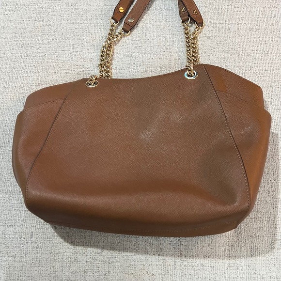 Michael Kors Brown Leather Chain Shoulder Tote Bag Gold MK Logo - Picture 3 of 6